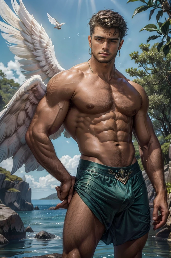 ((1 homem anjo, )), Um retrato de um homem, cabelos longos cacheados e loiro,corpo inteiro, in high definition, em 8K de um ((homem anjo de 18 anos)), (( angel with several majestic wings)), ((sentado em uma pedra, em um jardim florido)), ((colunas gregas, fluttering clothehien)), arte de deus, Deus do amor e da paz, deus bonito, o deus Eros, Um retrato impressionante de um deus, Frank Kelly Freas, Estilo Karol Bak, ((beautiful face)), Ultra Definition, melhor qualidade, 32k ultra , Ultra HD