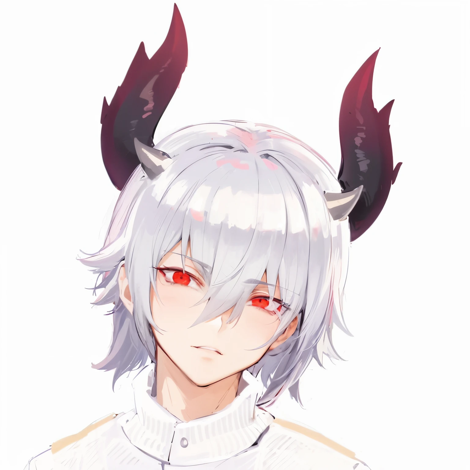 Anime style image of man with horns and red eyes, demon boy, Suitable for a male devil with white horns, Handsome Japanese demon boy, Mika Kurai Devil, demon white horns, horns and red eyes, human male devil, demon male, Angular, He had an evil smile on his face, Gaimoyedre, white-haired god, portrait demon half human,Cute cartoon avatar