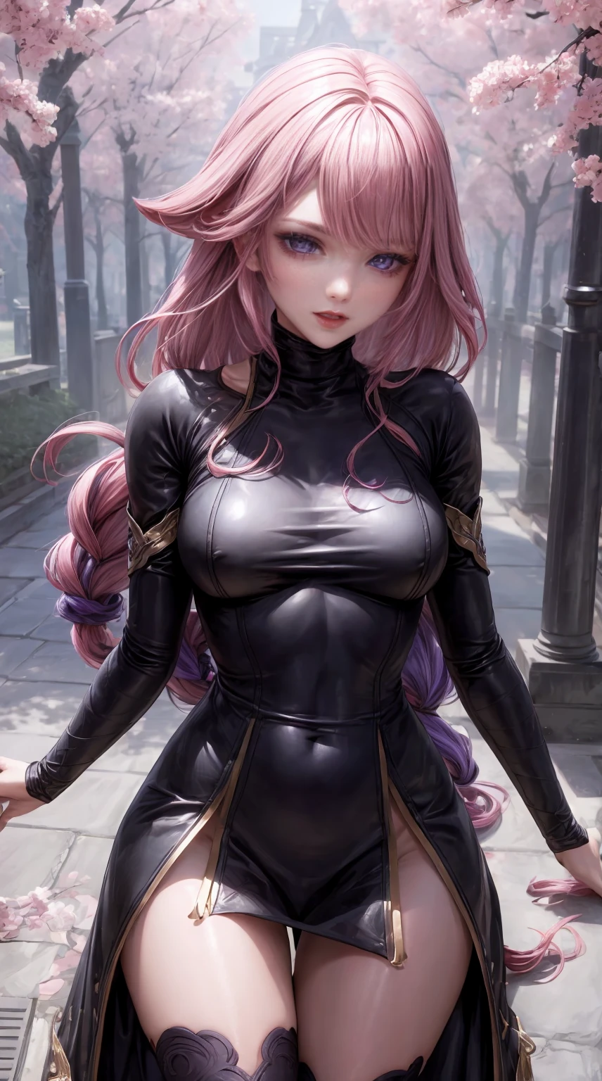 8K, Ultra High Definition, Super detailed, Shiny detailed hair, detailed face, fantasy landscape, solo, looking at viewer, {{best quality}}, {{masterpiece}}, {{ultra-detailed}}, {detailed light}, ultra high quality eyes, detailed eyes, perfect eyes, large eyes, purple eyes, pink hair, purple hair, long hair, beautiful, skinny body, White skin, slutty, erotic, blushing, open mouth, standing in suggestive pose