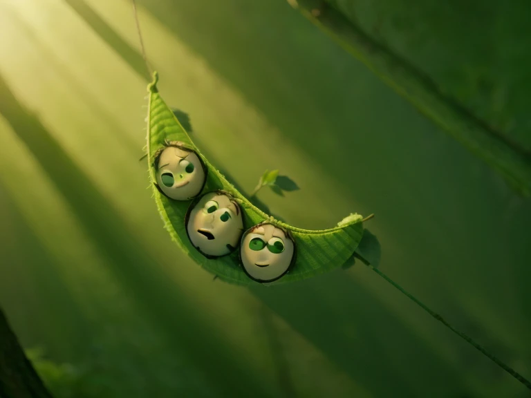 Three brothers quarreled over green peas in their pods,Pixar animation style，hang on tree