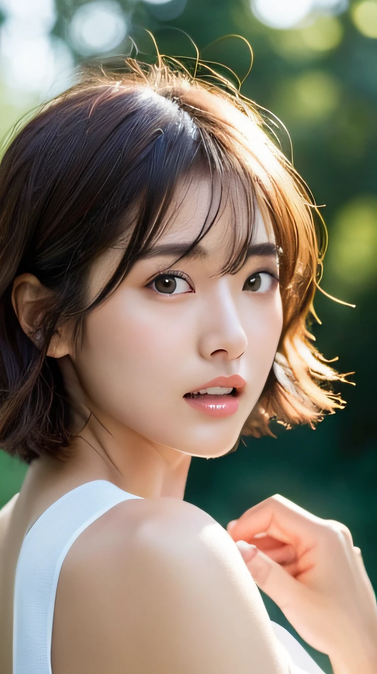 Short Hair Outdoor Fair Skin Disheveled Hair Open Mouth Japan Woman, Super Cute, Soft and Face, Brown Hair, 8K Resolution, Ultra Realistic, Super Definition, Soft Body Toned Ass Night, A Cup Small ((Highest Definition, 8k, Masterpiece: 1.3)), Super Definition Face, Super Definition Lips, Fine Eyes, Double Eyelids