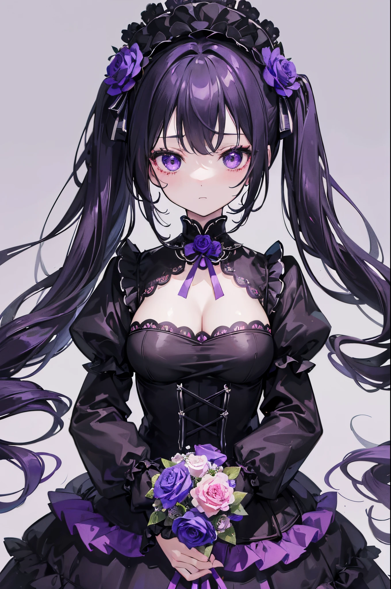 (8K、Top image quality、top-quality、​masterpiece)、1 girl in、Black hair twintails、waved hair、drill hair、Purple eyes、de pele branca、expressionless 、cleavage、Black Gothic ta Fashion、Black bonnet、POV、holding flower bouquet、purple rose background