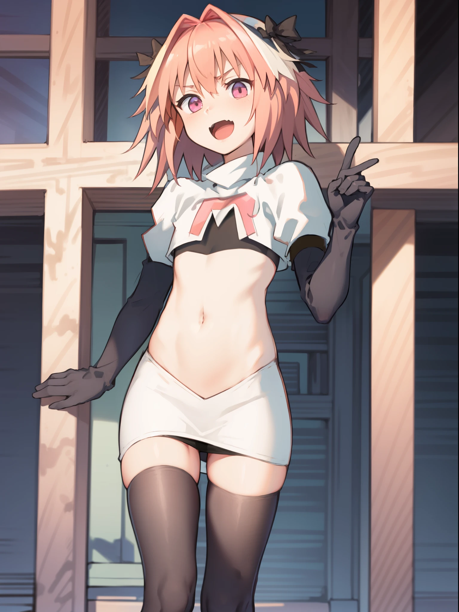 absurdres, masterpiece, best quality, (astolfo fate:1.2155), 1boy, male focus, trap, pink multicolored hair, pink hair, white hair, hair intakes, long hair, pink detailed eyes, crossdressing,1boy, team rocket,team rocket uniform, red letter R, white skirt,white crop top,black thigh-highs,black elbow gloves