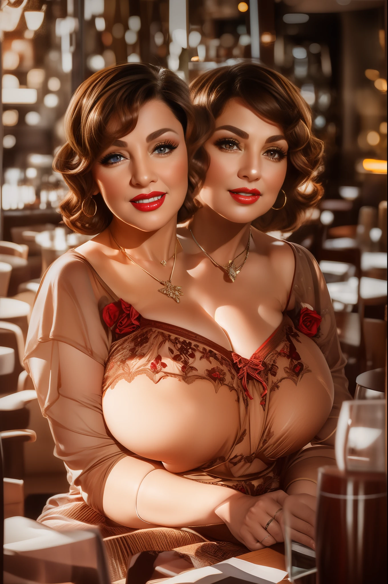 2 heads,Portrait of a 60 year old woman with brown hair, a captivating gaze, Brown eyes, Wrinkles on her face, Black pantyhose,She wears very ????????????? that reveals her big sagging ???????, Light makeup and red lips. 32K