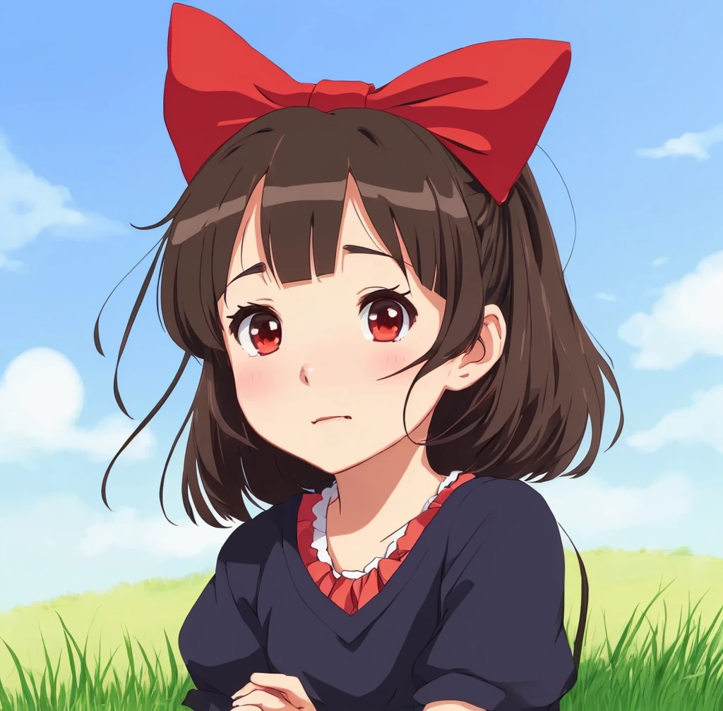 (A girl with a red bow on her head sitting on the grass, an anime girl with a cute and expressive face, anime style, Studio Ghibli animation style, flat anime style, cute and adorable art style in anime)