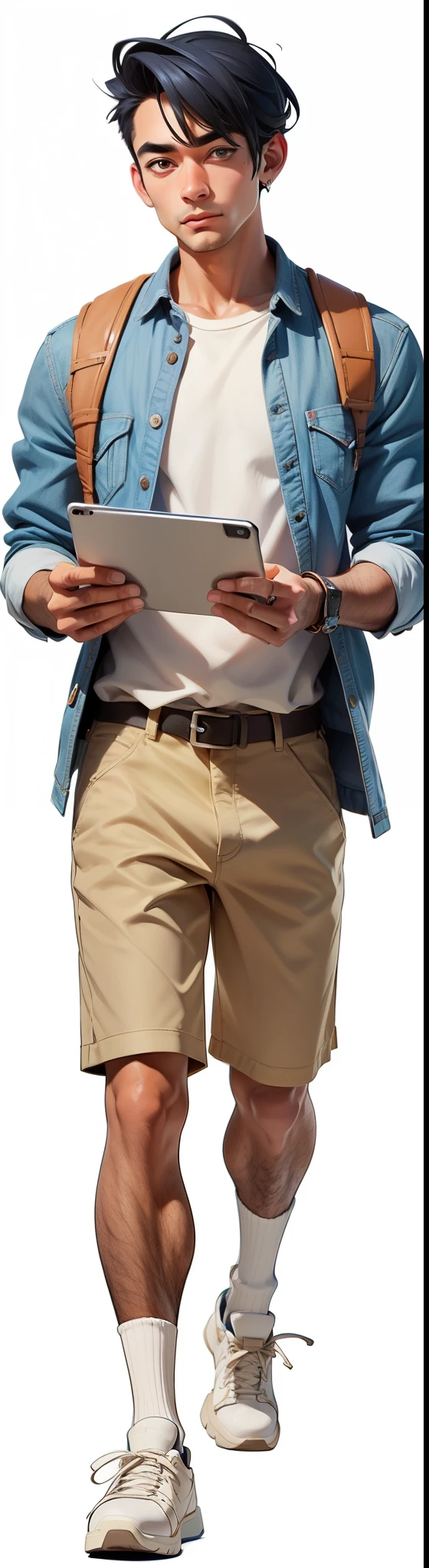arafed man in a hat and shorts holding a tablet computer, middle shot waist up, waist - shot, full body close-up shot, with two front pockets, modern casual clothing, ad image, casual business outfit, casual clothing style, detailed image, wearing elegant casual clothes, drawn image, khakis, wearing pants, holding arms on holsters