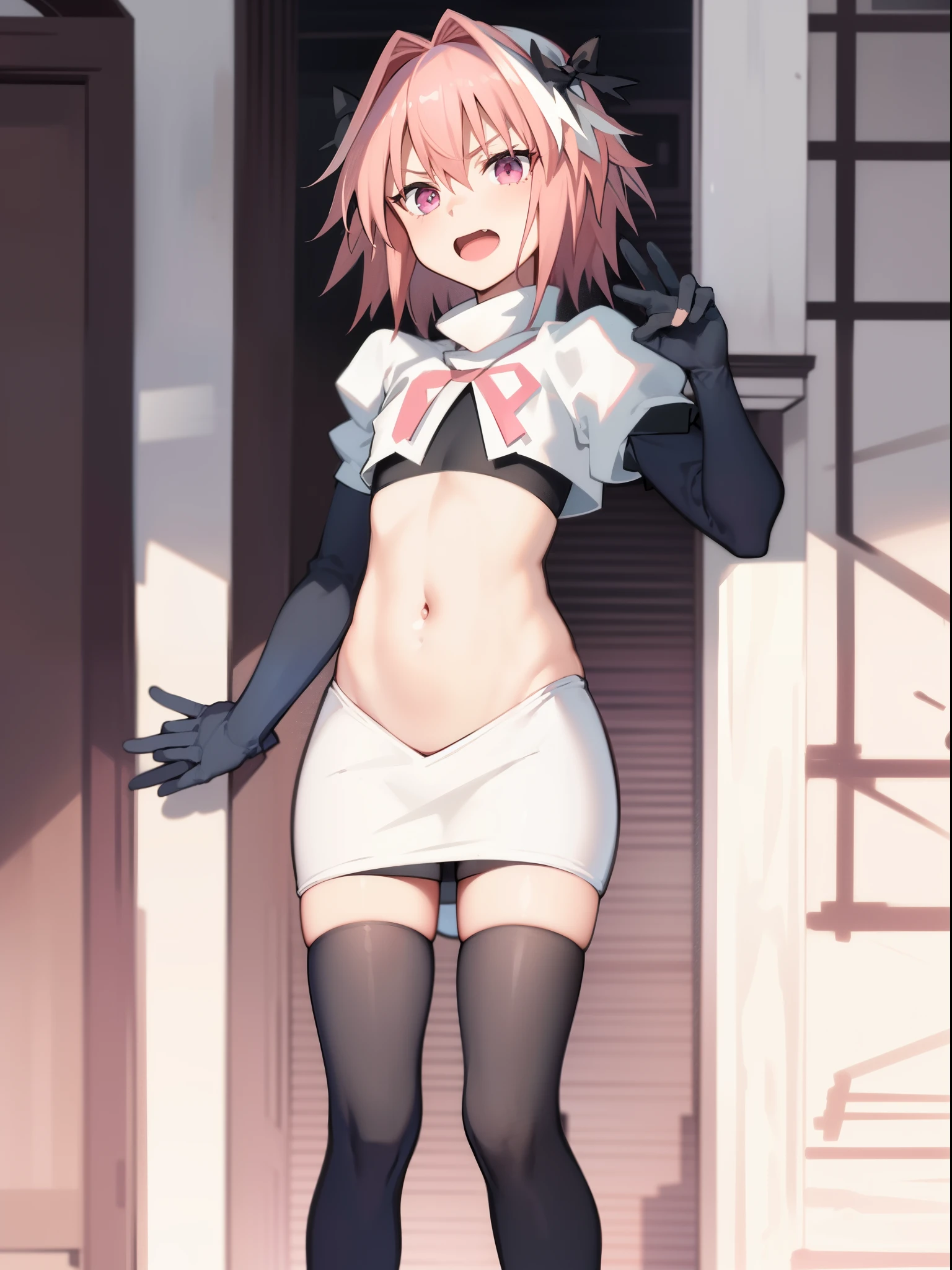 absurdres, masterpiece, best quality, (astolfo fate:1.2155), 1boy, male focus, trap, pink multicolored hair, pink hair, white hair, hair intakes, long hair, pink detailed eyes, crossdressing,1boy, team rocket,team rocket uniform, red letter R, white skirt,white crop top,black thigh-highs,black elbow gloves
