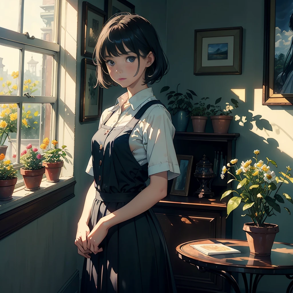 (Watercolor in Sargent style)、(top-quality、high-level image quality、masterpiece)、(David Hamilton Style)、(softfocus)、Cinema Angle、ciinematic light、Soft light、(traditional british public school)、1girl in、17 age、A stunning、((Detailed depiction of beautiful faces))、((Anatomically accurate depiction of hands and fingers))、Short black hair、Crisp face、(detailed face depiction)、small tits、tiny chest、(classic one piece uniform)、(long skirt)、Open Windows、Standing on the windowsill、wind blowing from the window、Hair flutters、Side table、Flowers on the windowsill、Botanical Garden、Flower Shop、The table、florals、houseplant、 The tree、(classic vibes)、