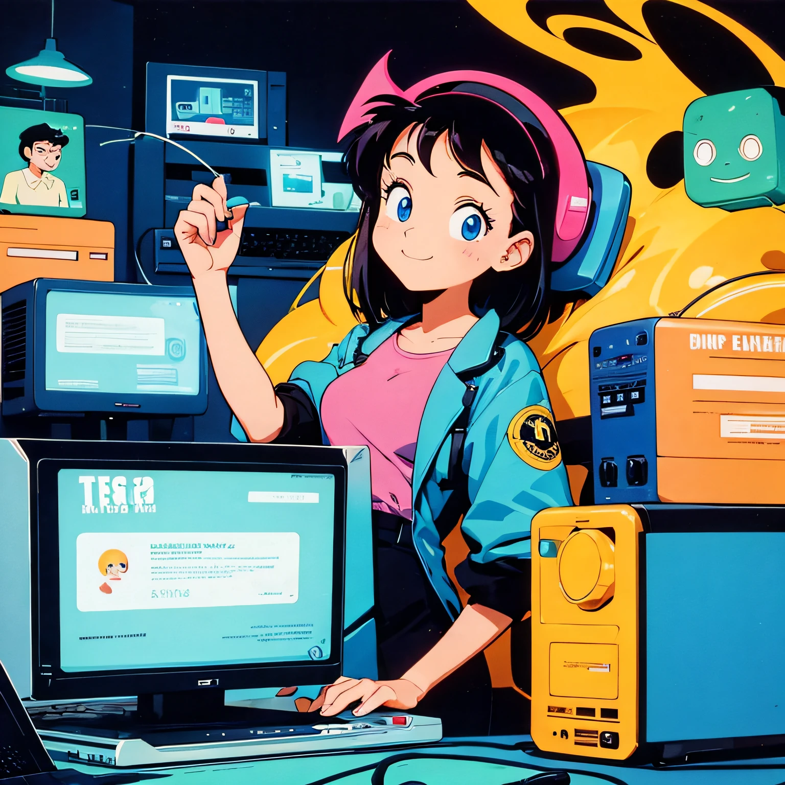 cartoon illustration of a person using a computer in the 90s with a CRT monitor