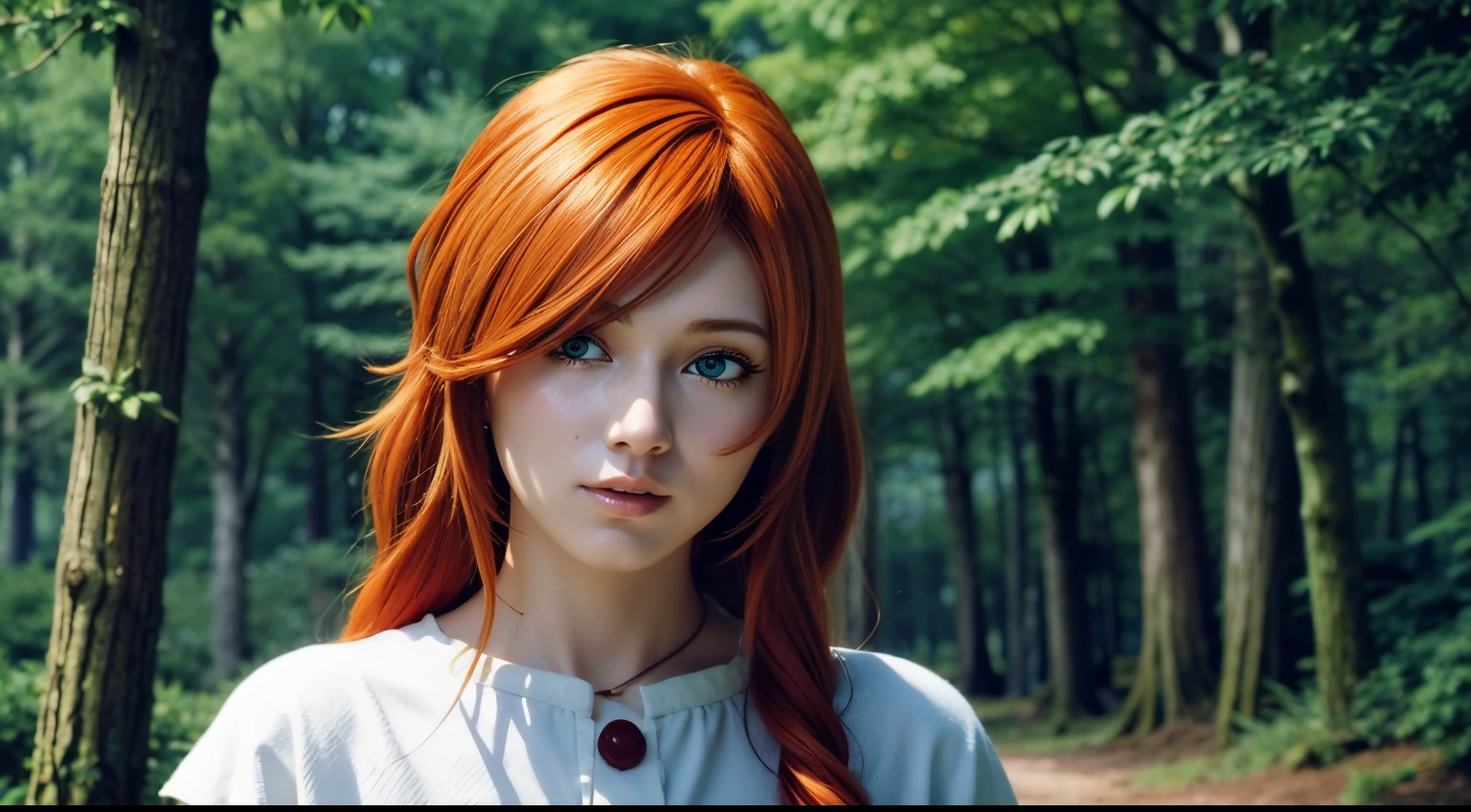 Flamme, 1woman, detailed face, detailed eyes, upper body, orange hair, forest, outside, blue eyes, white clothes