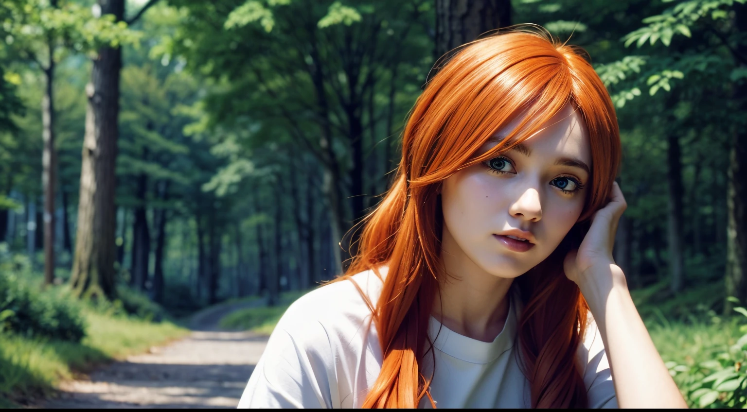 Flamme, 1woman, detailed face, detailed eyes, upper body, orange hair, forest, outside, blue eyes, white clothes, looking at viewer