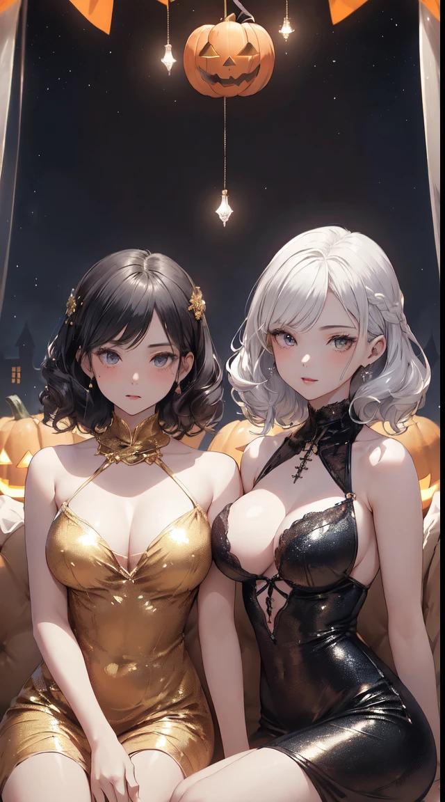 (tmasterpiece:1.3), top-quality, top-quality, Delicate and beautiful:1.2, ((Three girls)), halloween night, 
(The girl on the left is wearing a red and silver dress), (The girl in the middle is wearing a black and gold dress), (The girl on the right is wearing a white and blue dress), 
off and on 
(The girl on the left is (black hair color hair, curlies, Short hair details)), 
(The girl in the middle is (Brown hair, hair straight, Long gray hair)), 
(the right girl is (White hair, curlies, mid - length hair)), 
(The three girls have perfect figures(Large breasts, firm breast, beautiful shaped breasts, long slim figure)), 
(Sitting side by side on a luxurious sofa，Pose seductively:1.3), 
((In the middle of a Halloween party venue decorated for Halloween late at night:1.2)), (upper body shot:1.1), (seen from the front:1.3), (looking at viewert),
