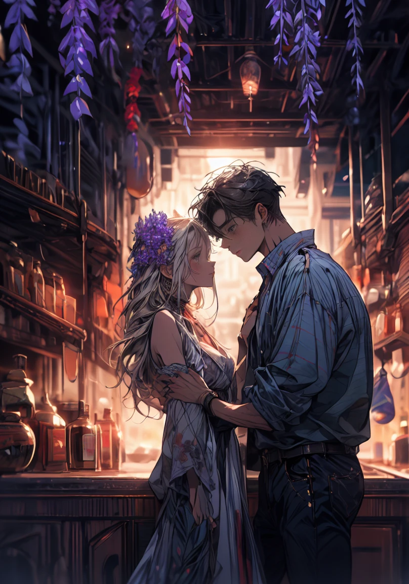 ((absurdres, higher, ultra HD)) 1 male, 1 female,mature, kissing each other, girl is sit on the wash basin, guy is front of her slightly bend towards her, man is shirtless, wearing blue jeans ,woman wearing beautiful pink dress, wisteria flower around them, beautiful, scenary, romantic,((calm and romantic expression:1.2)) ,pixiv, digital painting, mascular man, beautiful elegant woman, (gray stylish hair for man), (brown long hair for woman)