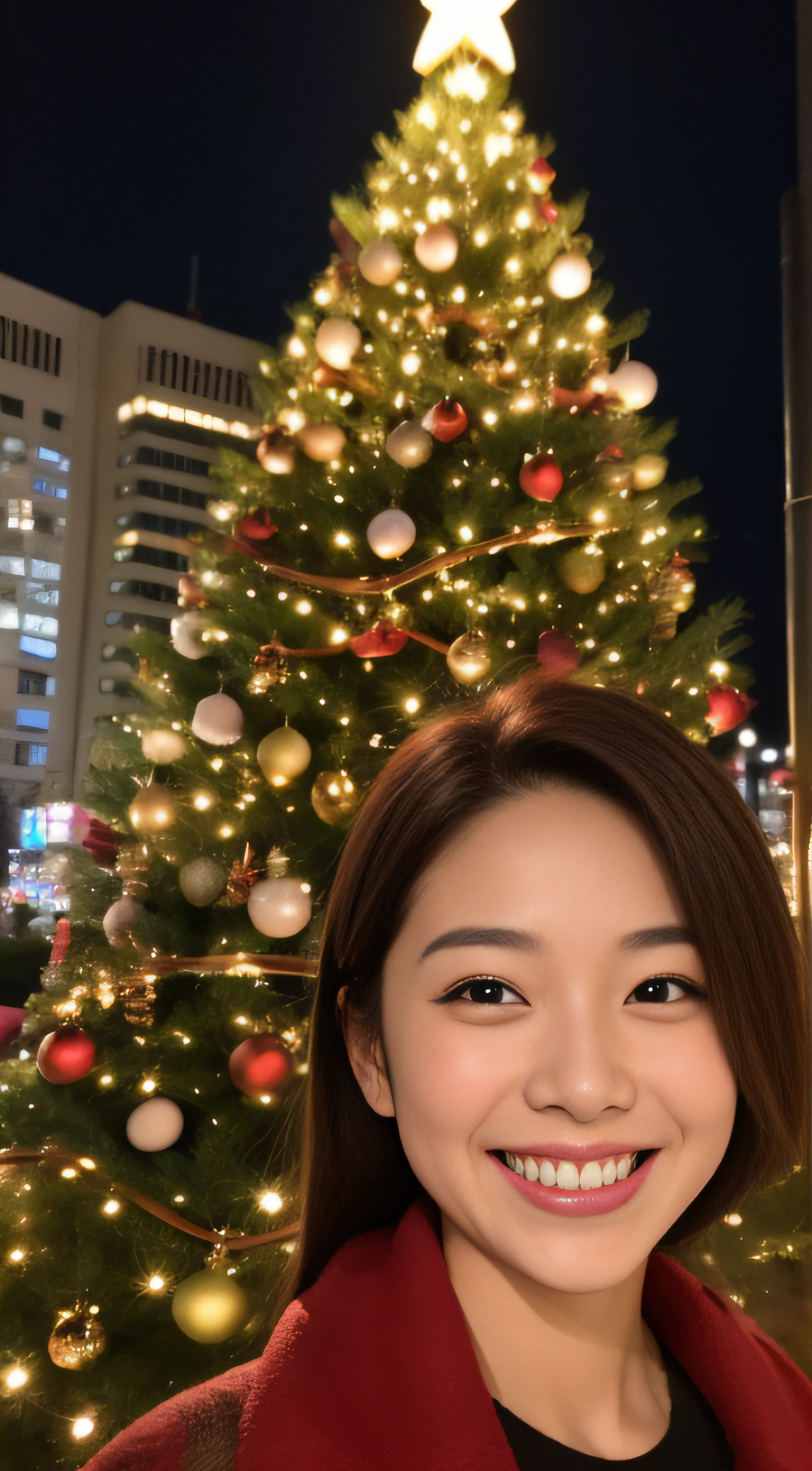 The face is a hostess、coat、hiquality、A hyper-realistic、healthy、Smiling expression、Slender perfect figure、Japan beauties、beautidful eyes、face perfect、Beautiful skin、Christmas tree、Tokyo Tower