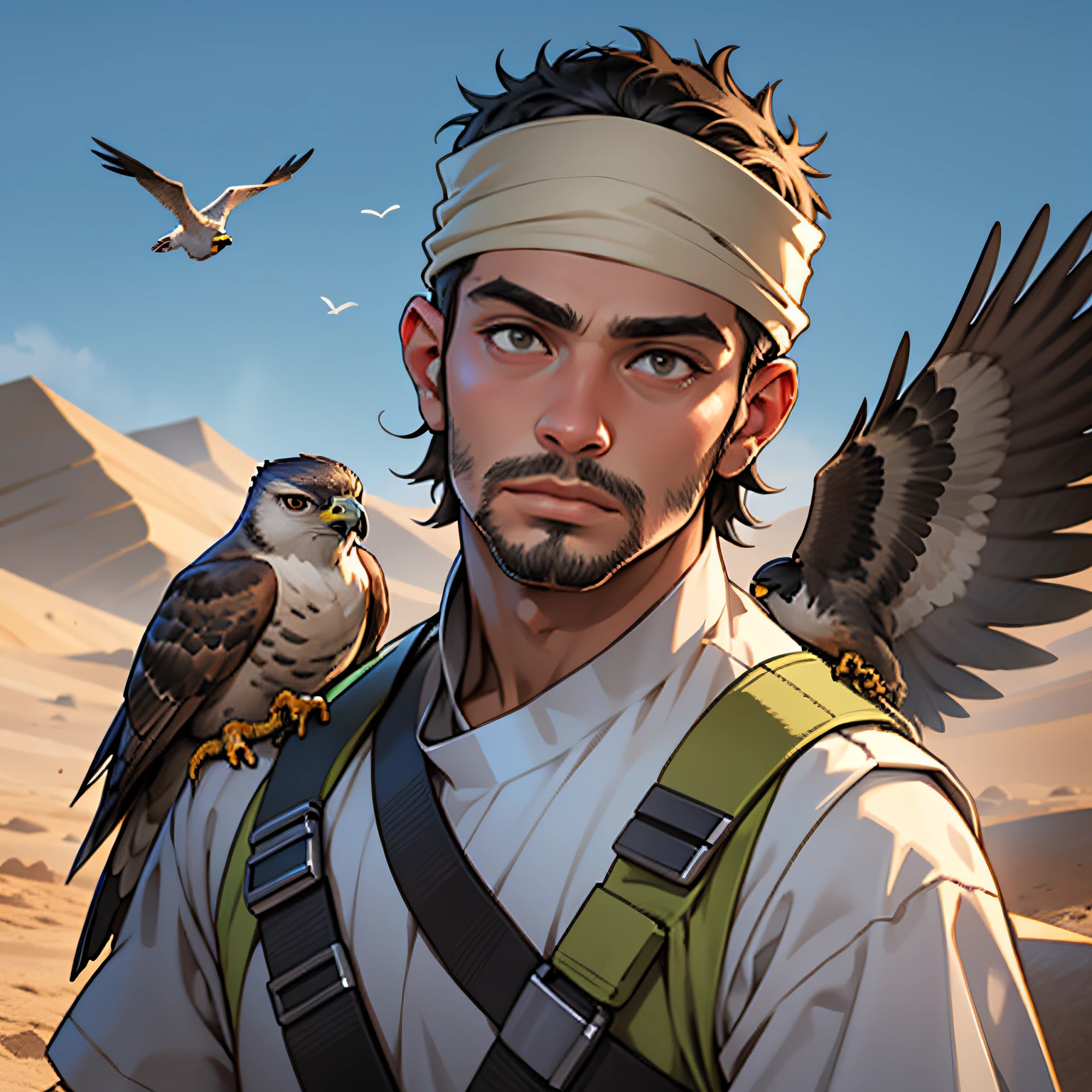 Create the face of an Arab man, jovem, Ultra realista, Caminhando no deserto , A hawk on the shoulder
