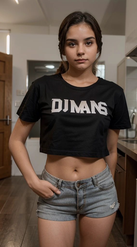 fotografia de uma mulher de 19yo, rosto perfeito, standing on her feet, de camiseta preta e de mini short