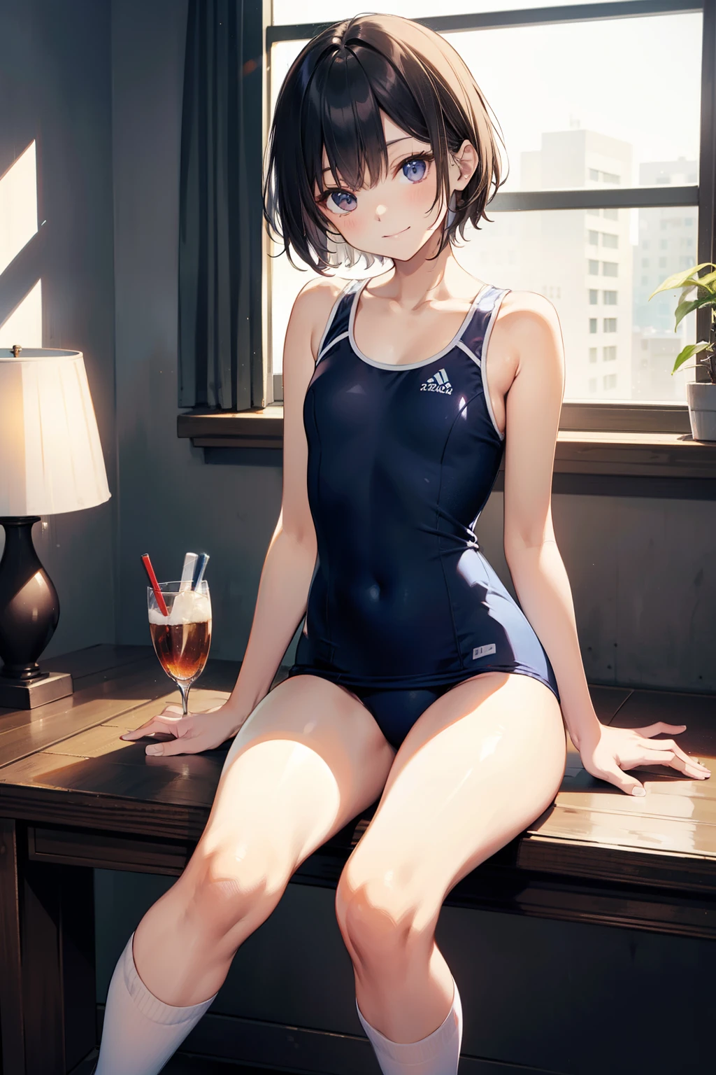 top-quality、Full limbs、complete fingers、Slender beauty、ssmile、Wearing a school swimsuit、Short hair、Wear knee-high socks、darkened room、Lean forward and look at me