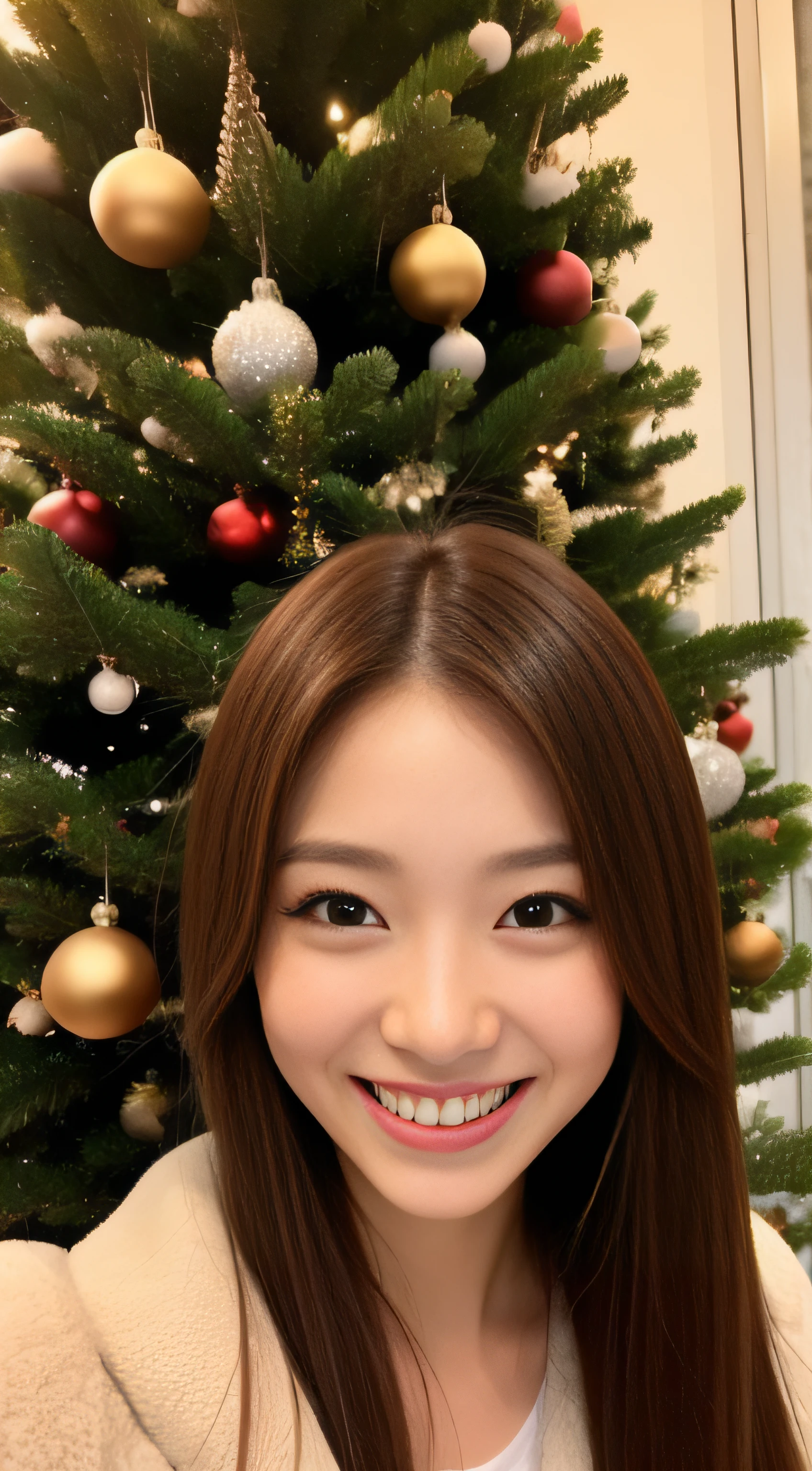 The face is a hostess、coat、hiquality、A hyper-realistic、healthy、Smiling expression、Slender perfect figure、Japan beauties、beautidful eyes、face perfect、Beautiful skin、Christmas tree、Tokyo Tower