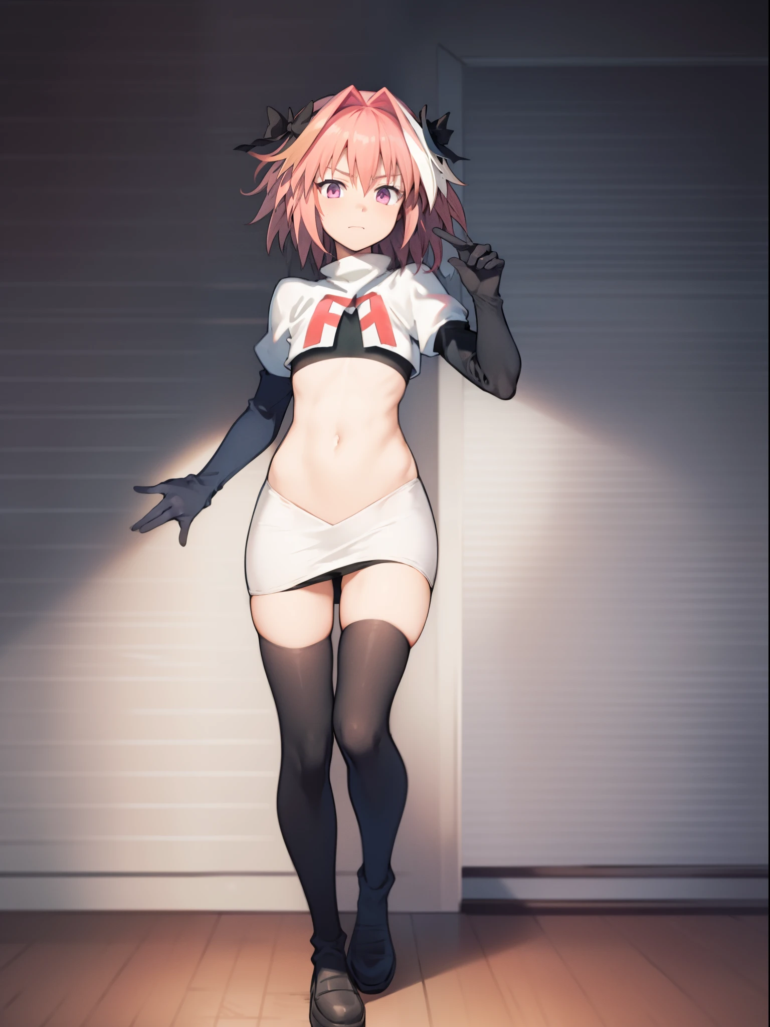 absurdres, masterpiece, best quality, (astolfo fate:1.2155), 1boy, male focus, trap, pink multicolored hair, pink hair, white hair, hair intakes, long hair, pink detailed eyes, crossdressing,1boy, team rocket,team rocket uniform, red letter R, white skirt,white crop top,black thigh-highs,black elbow gloves