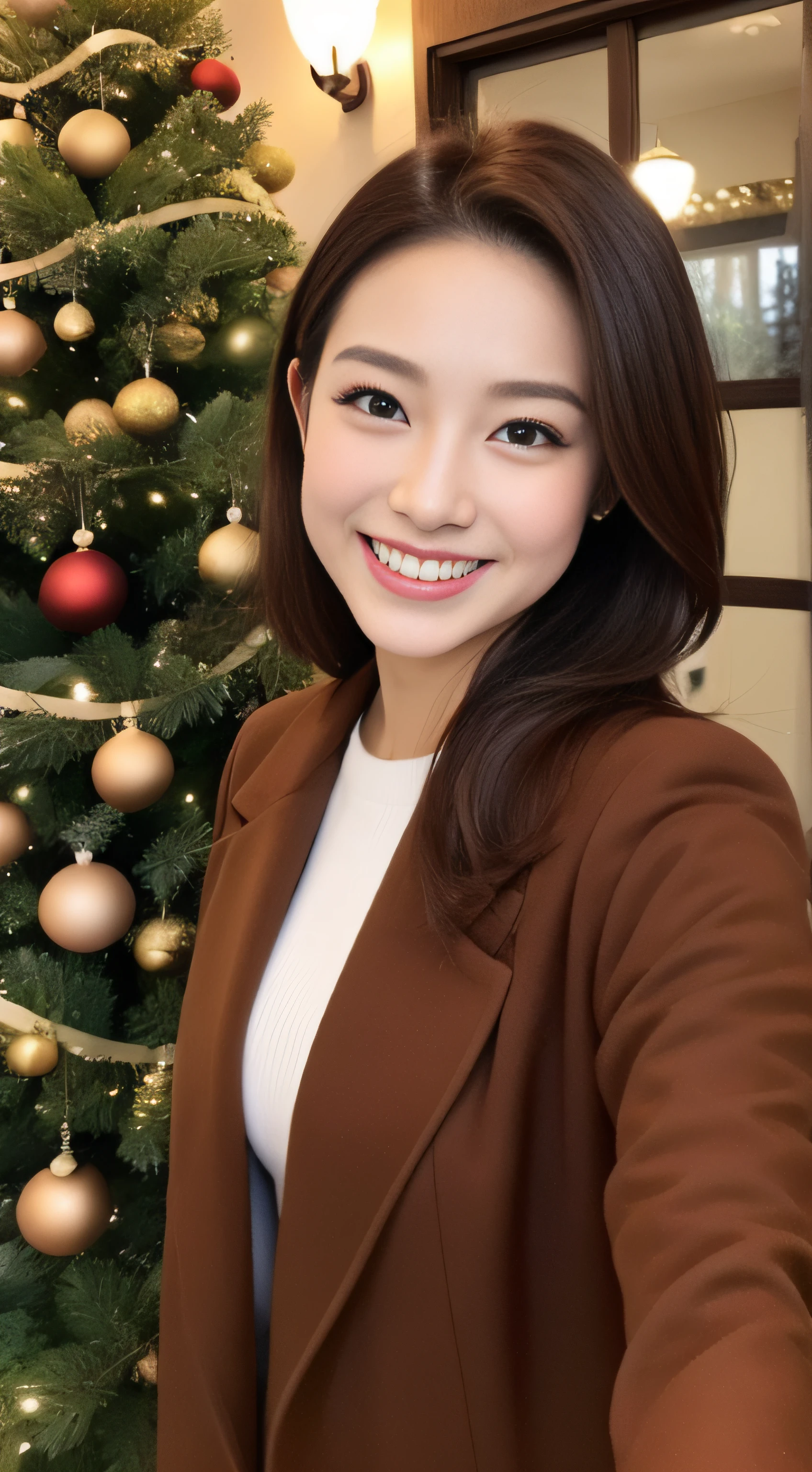 The face is a hostess、coat、hiquality、A hyper-realistic、healthy、Smiling expression、Slender perfect figure、Japan beauties、beautidful eyes、face perfect、Beautiful skin、Christmas tree、Tokyo Tower