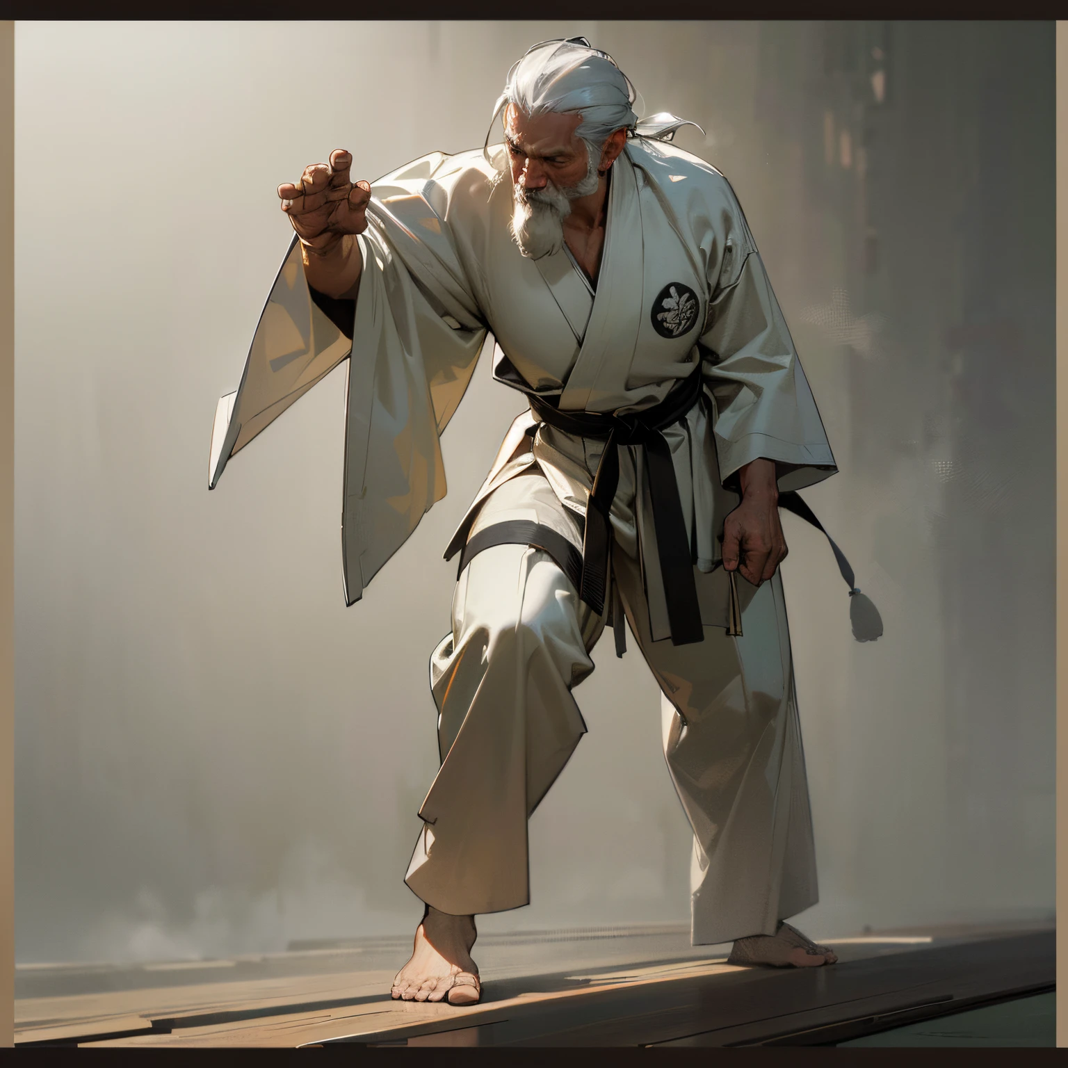 (best quality,4k,8k,highres,masterpiece:1.2),ultra-detailed,(realistic,photorealistic,photo-realistic:1.37),1male,Old Male,Long grey hair,Taekwondo Gi,Grey Beard,Black Martial Arts Gi,Temple Background,traditional design,natural lighting,serene atmosphere , hands at side , lean build