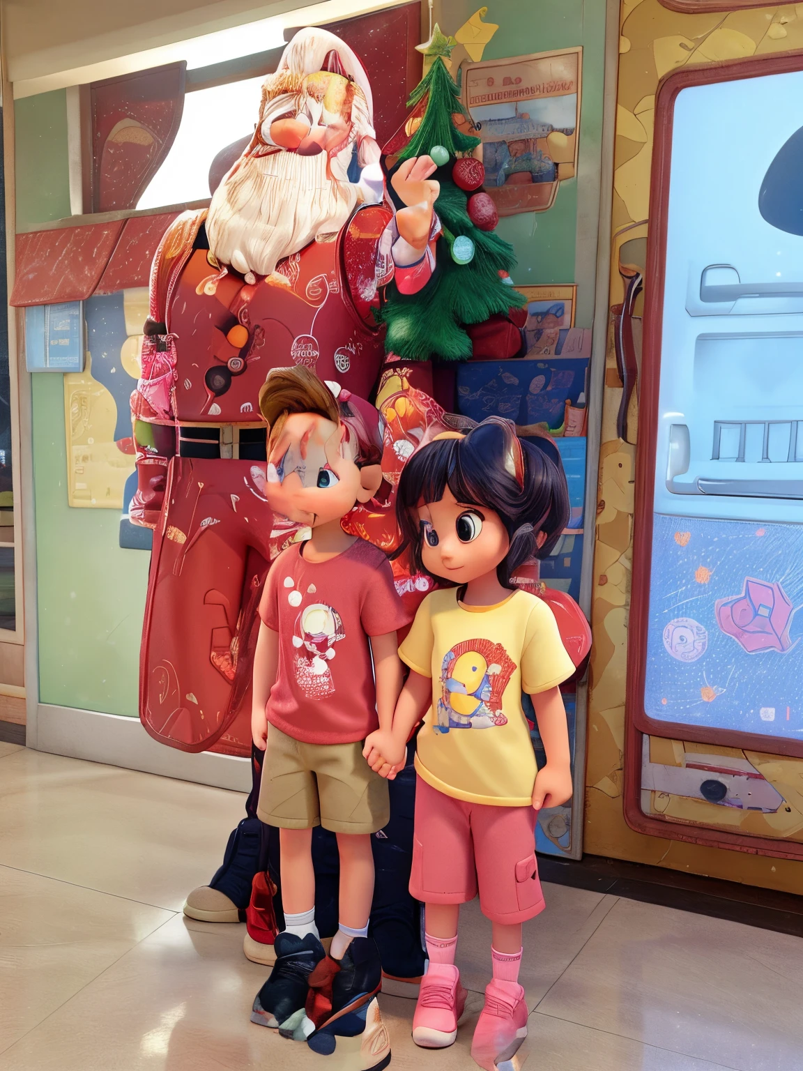 Two kids holding hands, brother and sister, boy is wearing light red shirt and shorts with iron man design, little girl is wearing yellow shirt with minnie mouse design and pink leggings, behind them is a statue of santa clause