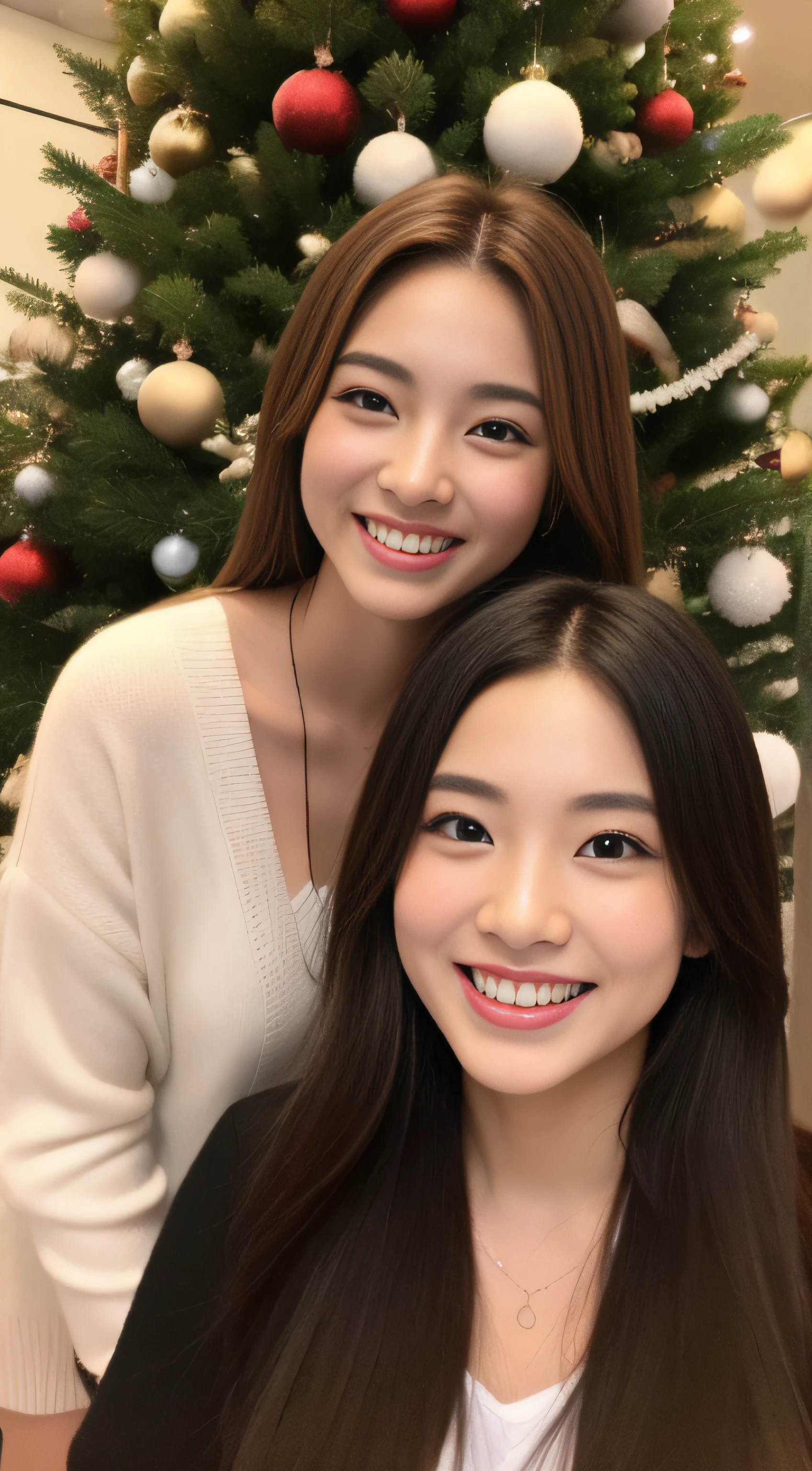 The face is a hostess、coat、hiquality、A hyper-realistic、healthy、Smiling expression、Slender perfect figure、Japan beauties、beautidful eyes、face perfect、Beautiful skin、Christmas tree、Tokyo Tower、The upper part of the body