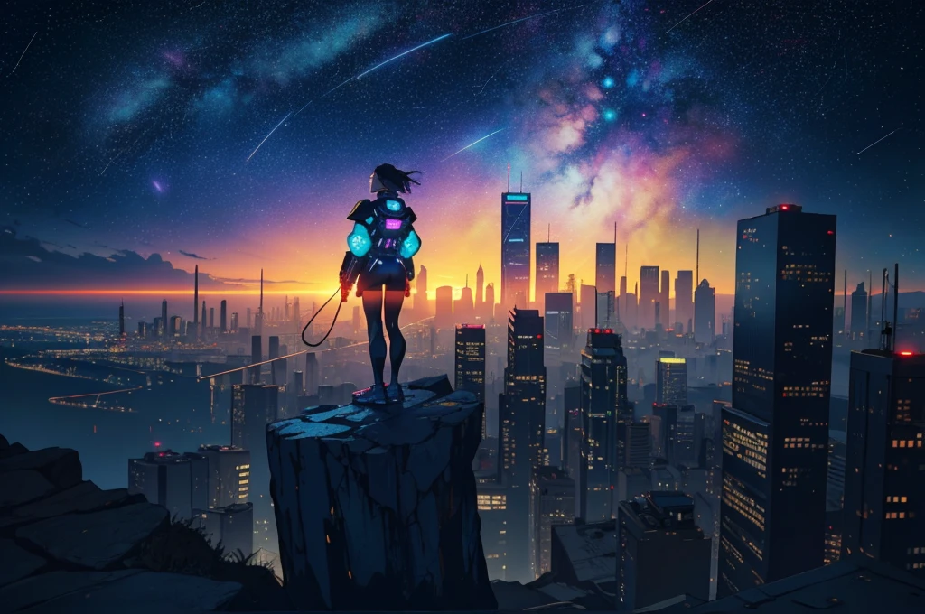 a young woman is standing on top of a cliff, looking down at the bright and colorful cyberpunk cityscape below. overhead is a starry night sky, and the brightest stars are that of the ursa major constellation.