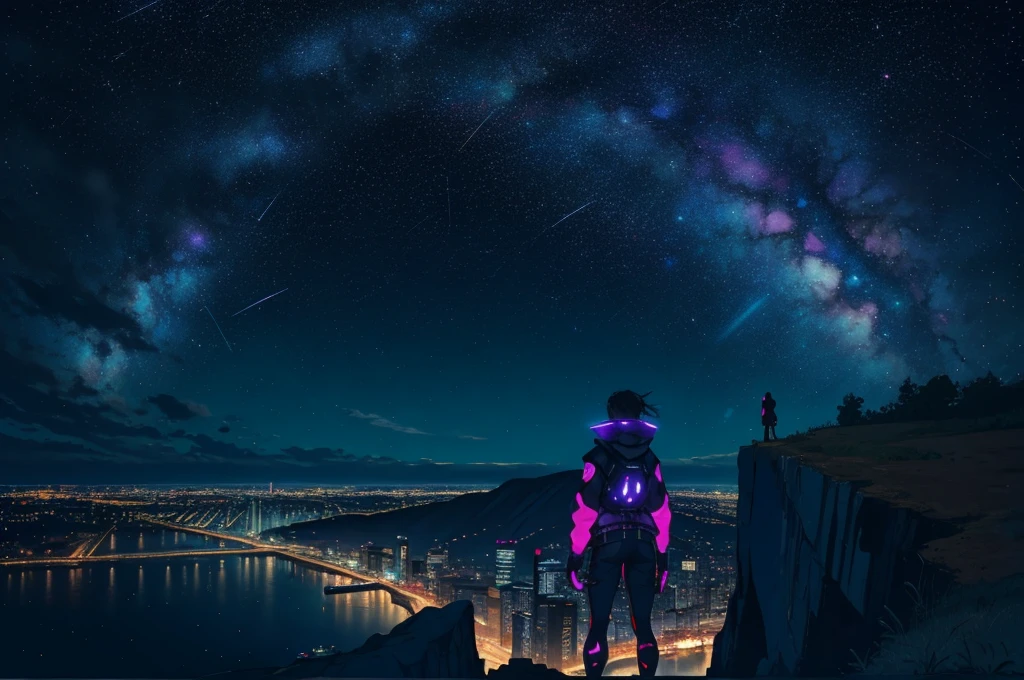 a young woman is standing on top of a cliff, looking down at the bright and colorful cyberpunk cityscape below. overhead is a starry night sky, and the brightest stars are that of the ursa major constellation.