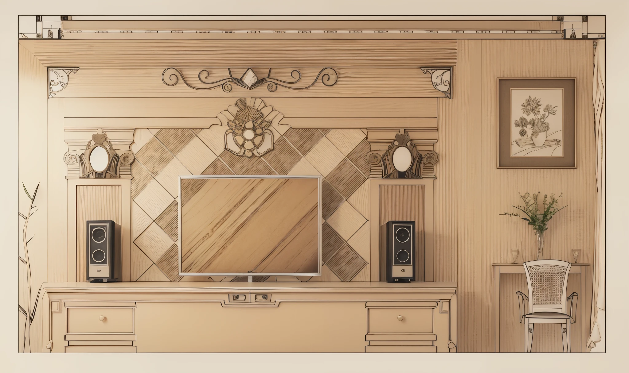 TV on the TV cabinet，Behind is the TV background wall，The TV background wall is made of fine stone Roman columns and carved patterns.，On the left is a plant，On the right is the table and stools，Above is the suspended ceiling with lights。 Detailed line work, detailed line drawing, Detailed set design, High detail drawing, detailed designs, colorful furniture，detailed linework, Detailed technical drawings, Interior design details, frontal orthography, line art, architectural details, Flat lines, Bold lines，Stereoscopic 3D image，plethora of colors，high saturated，Colors complement each other，Warm toned 3D interior design drawings