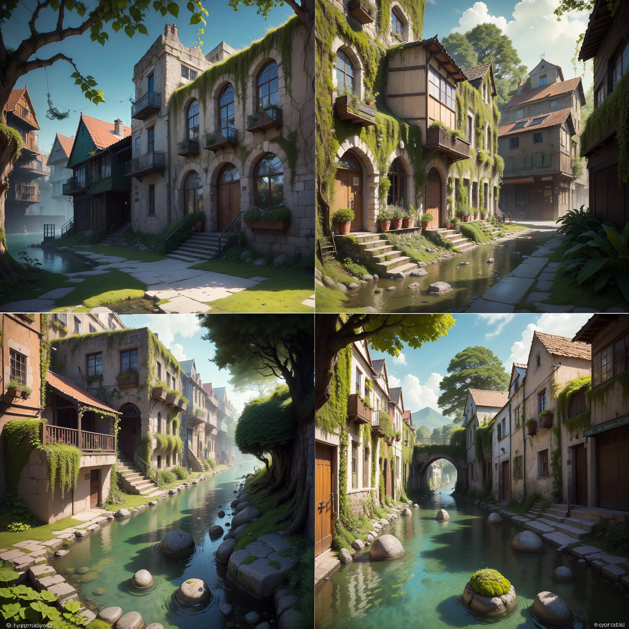 (Numerous award-winning masterpieces, with incredible detail, textures and maximum detail), (hyper realistic:1.4), (realistic:1.3), (best quality real texture skin), (eco friendly stone city), (modern stone town covered with moss and ivy), (A stone town that is returning to nature), (Eroded by clear water), (Tree roots, ivy plants and beautiful plants crawling on stone walls),