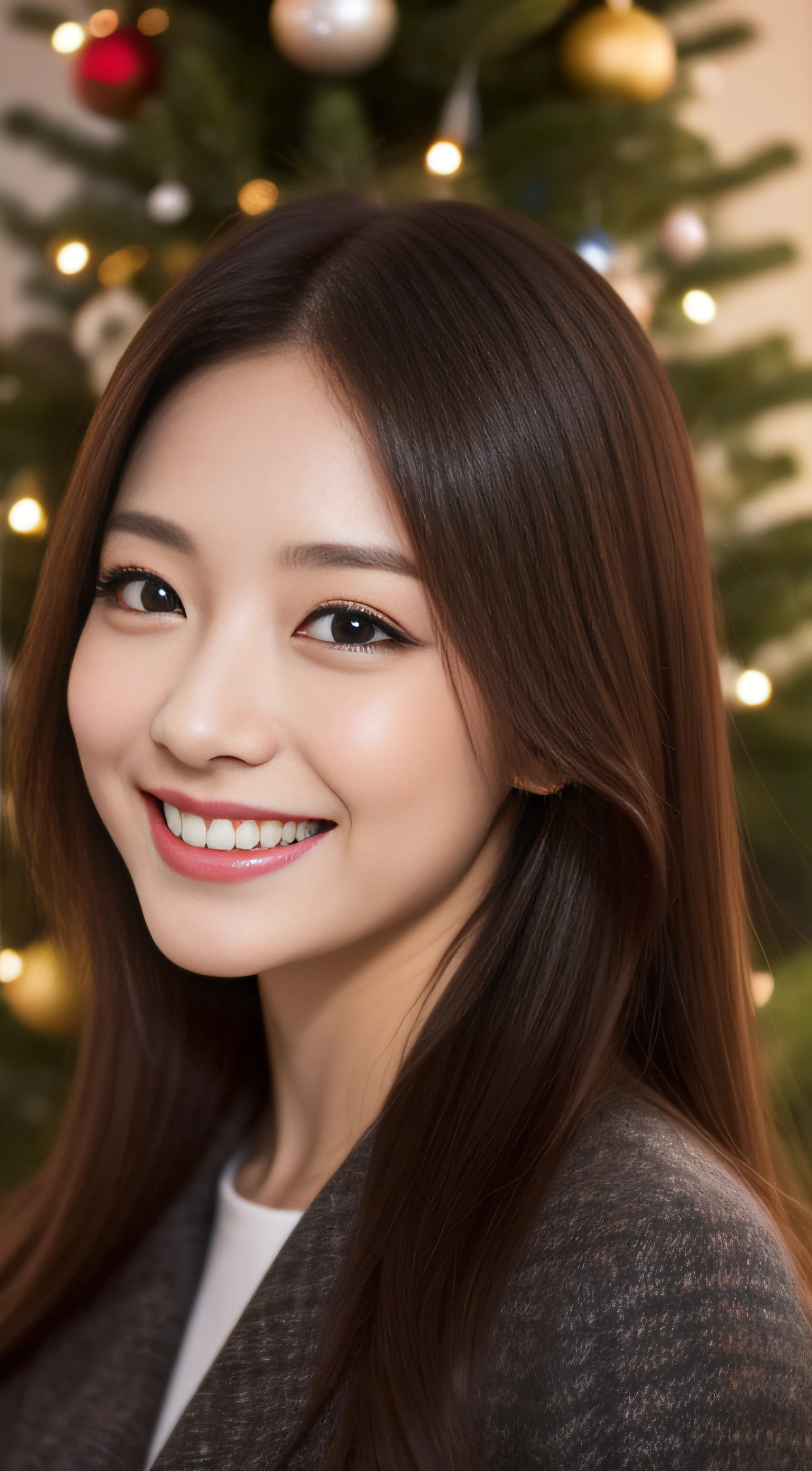 The face is a hostess、coat、hiquality、A hyper-realistic、healthy、Smiling expression、Slender perfect figure、Japan beauties、beautidful eyes、face perfect、Beautiful skin、Christmas tree、Tokyo Tower、The upper part of the body
