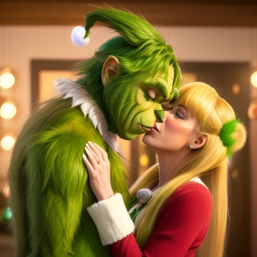 the grinch passionately making out with a white woman with blonde hair and bangs