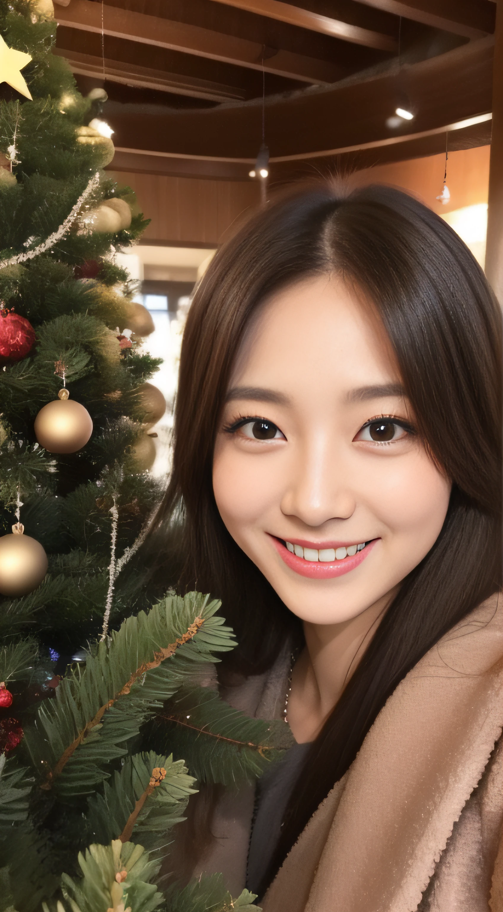 The face is a hostess、coat、hiquality、A hyper-realistic、healthy、Smiling expression、Slender perfect figure、Japan beauties、beautidful eyes、face perfect、Beautiful skin、Christmas tree、Tokyo Tower、The upper part of the body