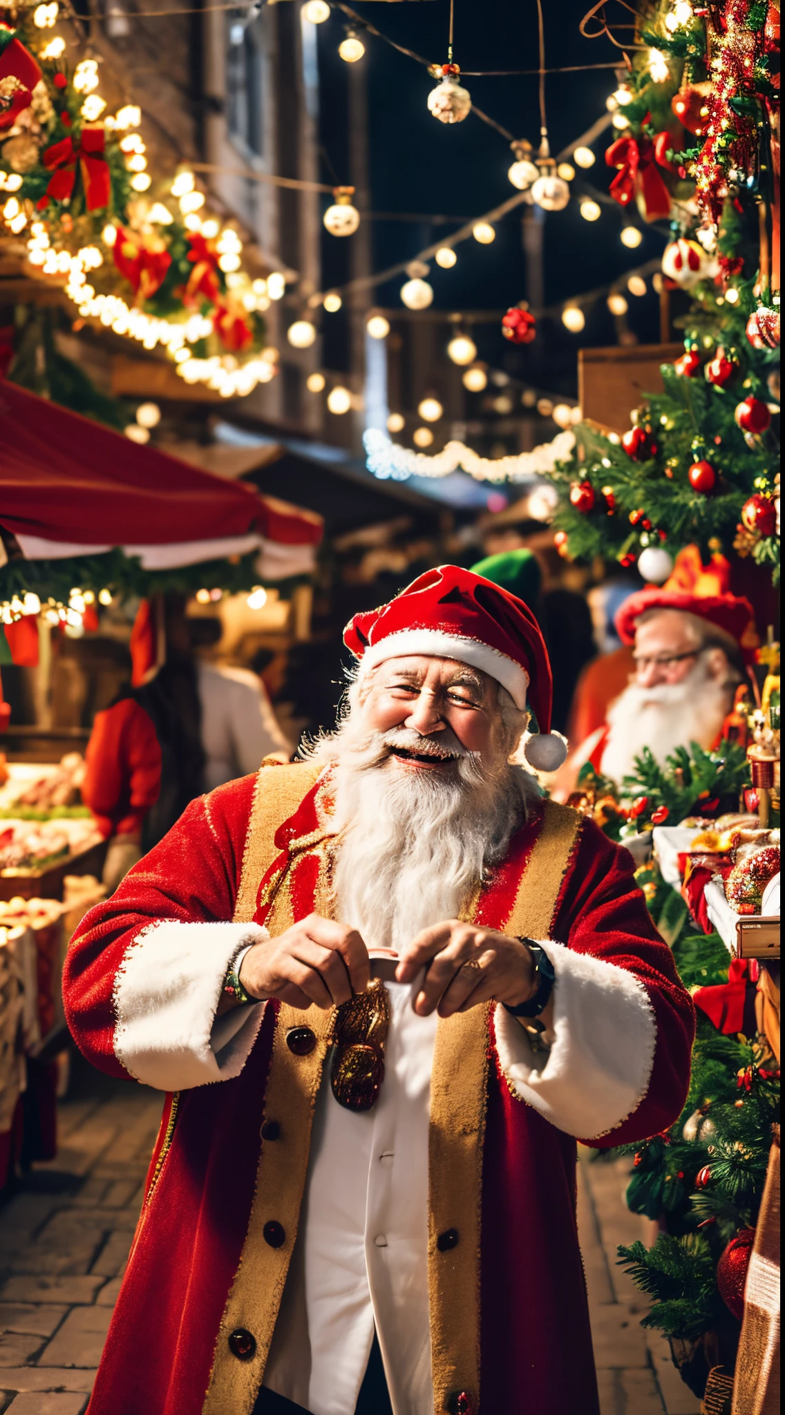 Create an 8K cinematic masterpiece of Santa Claus surrounded by a festive market, with cheerful villagers and holiday decorations. Highlight the joy and excitement of Christmas in every detail for an enchanting mobile wallpaper.