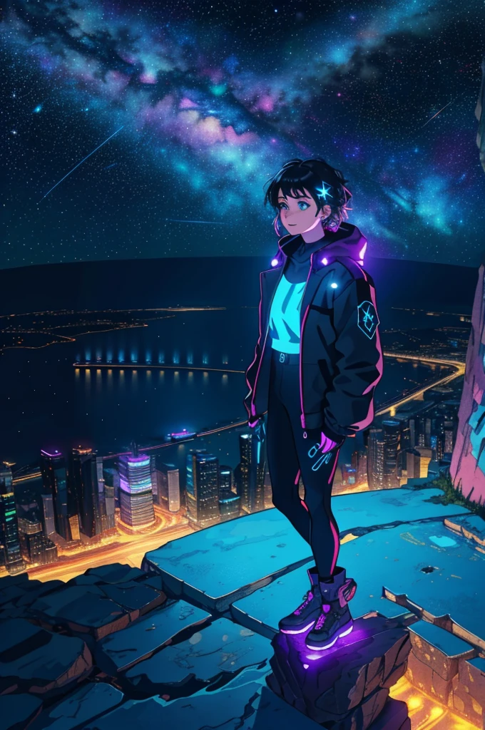 a young woman is standing on top of a cliff, looking down at the bright and colorful cyberpunk cityscape below. overhead is a starry night sky, and the brightest stars are that of the ursa major constellation.