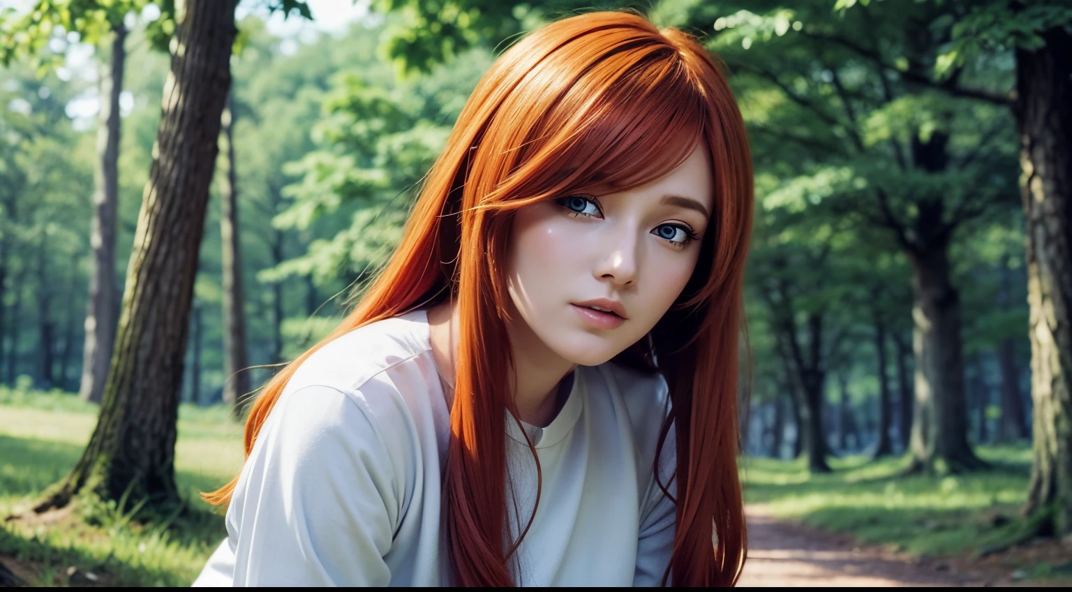 Flamme, 1woman, detailed face, detailed eyes, upper body, orange hair, forest, outside, blue eyes, white clothes, looking at viewer