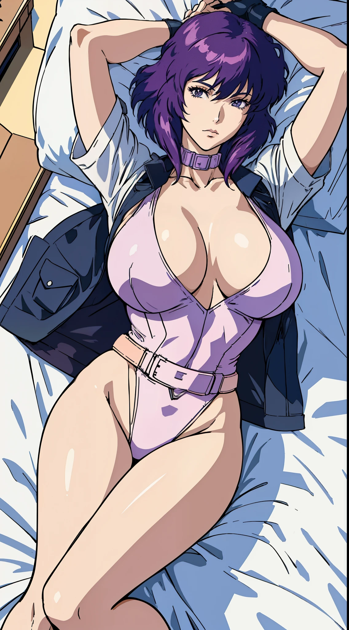 kusanagi motoko, anime style beautiful woman, Lie down in bed， (tmasterpiece, Best quality at best:1.2), cow boy shot, Alone, 1个Giant Breast Girl, Highest high resolution，distinct_image）Best quality at best， woman， tmasterpiece， highly  detailed， Half realistic， Transparent  Oversized White T-Shirt，exposing her chest， shirt pulling， The collar is around the neck， inside in room， Modern bedroom， janelas， waking up， morning， Be red in the face，ghostalone，motoko_kusanagi，leotard，open jacket，fingerless gloves