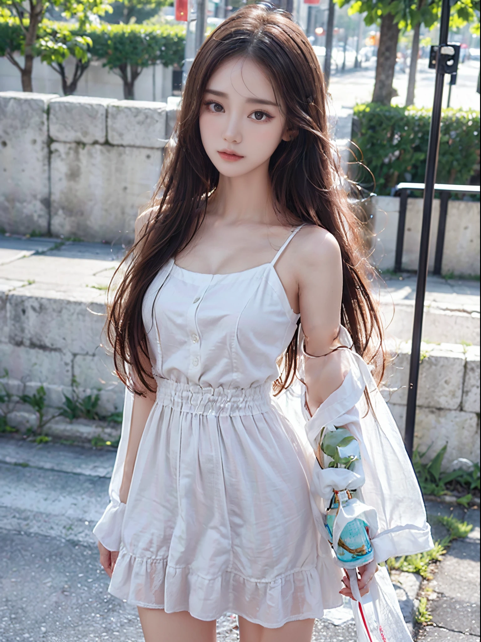 Best quality at best, 1 long hair girl,holding a small bottle in hand， ((looking at viewert)), shift dresses，(((white backgrounid)))，Bright scene，Delicate facial features，Frontal photo，HD high quality