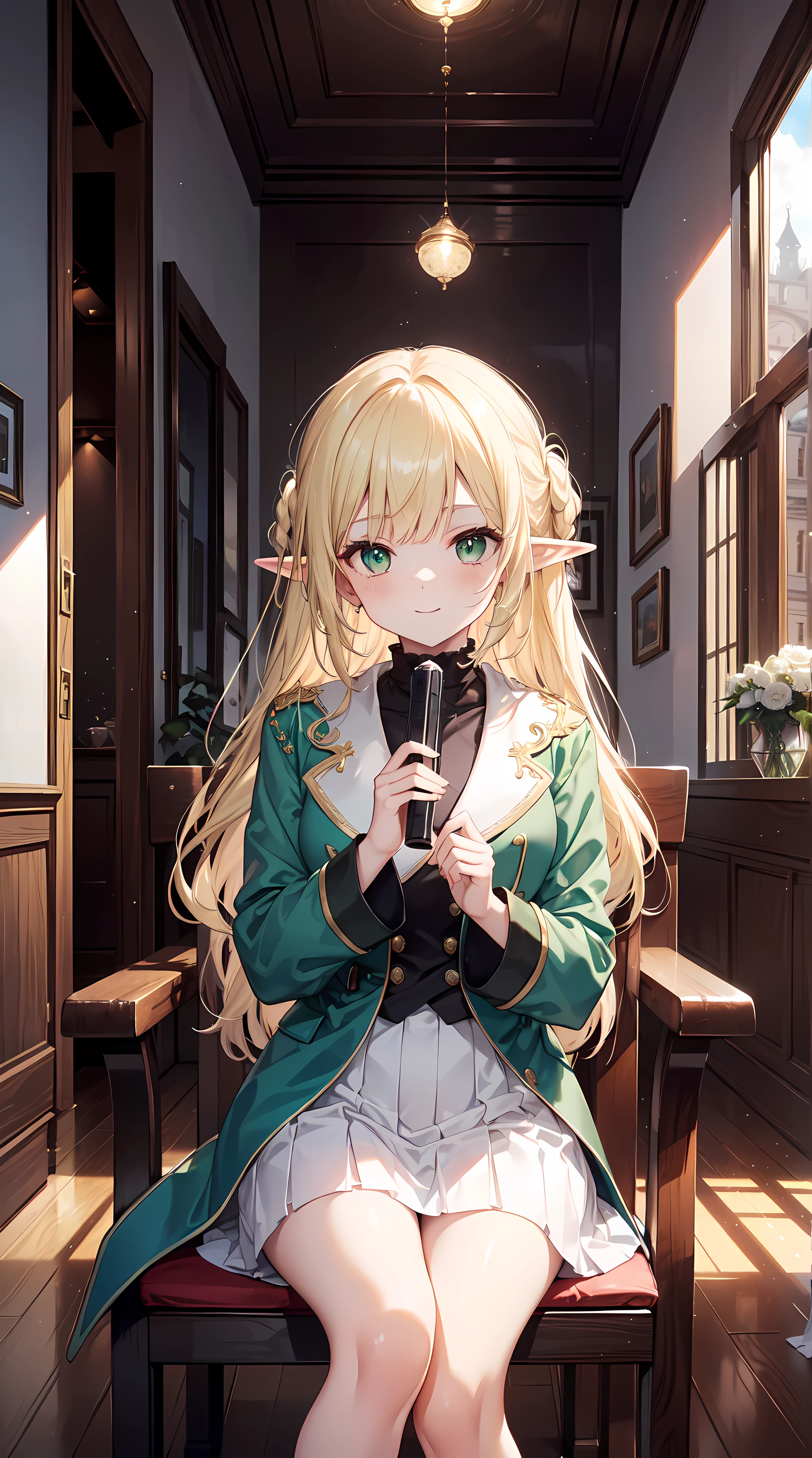 (((tmasterpiece, Best quality, k hd, high detal)))), (((Fantastical))), ((Walled City)), ((Inside the inn)), (Sitting on a chair looking out the window))), ((people passing through this city)), Yoon, elf woman, Platinum embroidered skirt, Blonde hair with long straight hair, Deep green eyes, Gold embroidered green coat, ssmile, The large, (light wind) , There are a lot of light particles floating in the room