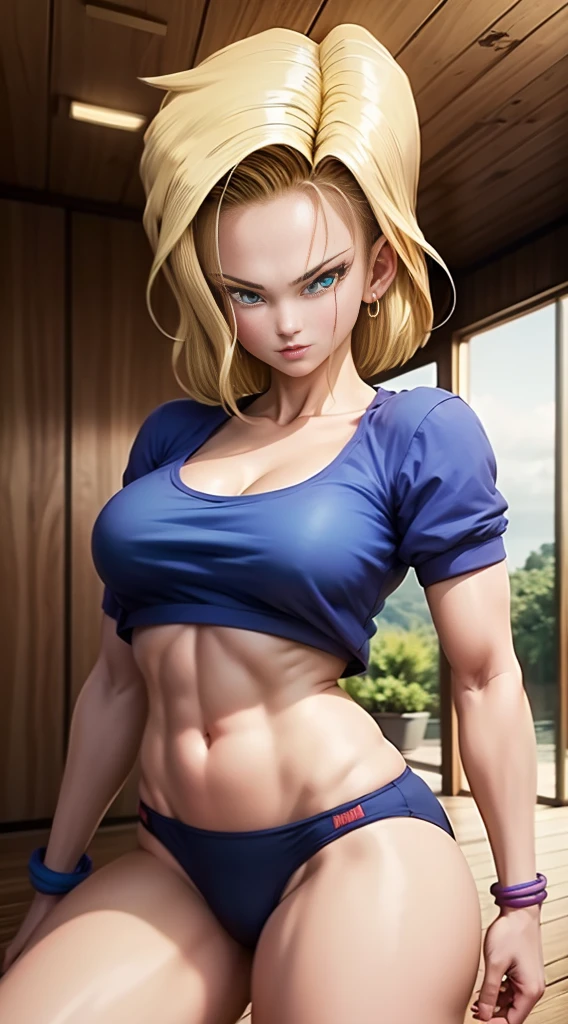 melhor imagem , HDR , Ultra resolution, Imagem 8k , Android 18 por Dragon Ball Z, 22 anos , pele branca, cabelos loiros e curto, coxas grossas , medium breasts to show , bikini latex azul e branco , roupas claro , labios molhados, nas ruas .