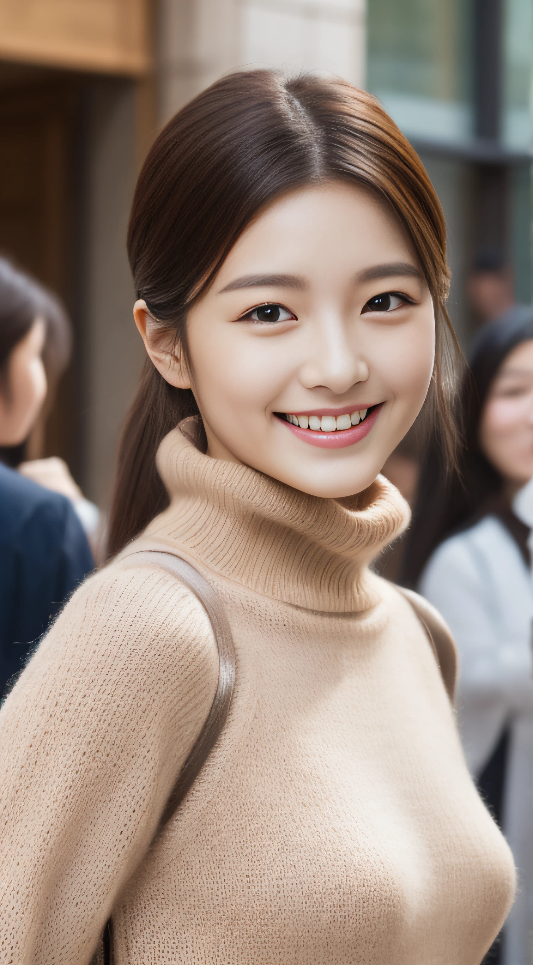 The face is a hostess、wool turtleneck sweater、hiquality、A hyper-realistic、healthy、Smiling expression、Slender perfect figure、Japan beauties、beautidful eyes、face perfect、Beautiful skin、In the crowd、The upper part of the body