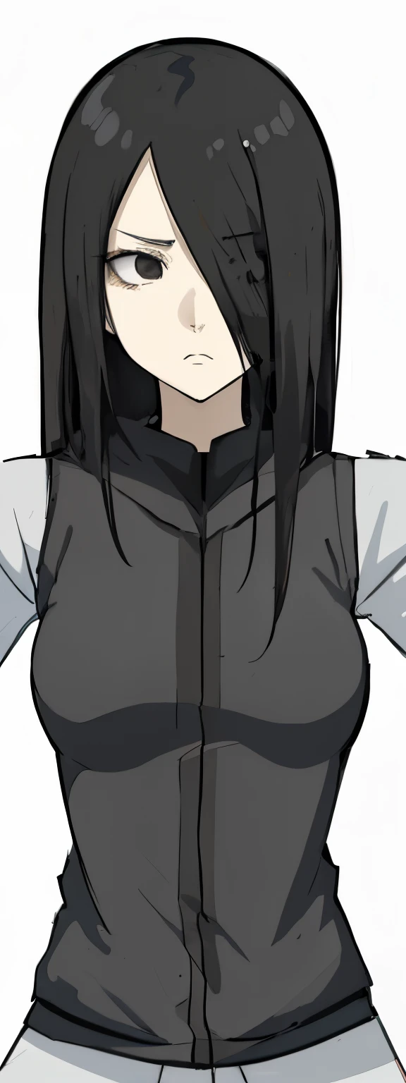 Anime girl with black eye and black hair and cool face, she has black hair, black haired girl wearing hoodie, sui ishida with black hair, in an anime style, as an anime character, cel - shaded art style, black hime cut hair, by Jin Homura, flat anime style shading, anime style character, inspired by Jin Homura