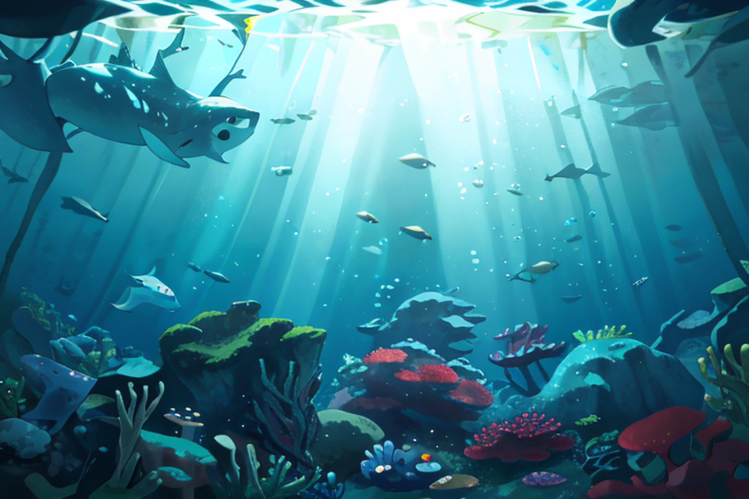 sun rays shine through the water, Underwater lights, light rays from the surface, sun rays shine through the water, underwater ocean, ocean floor, deep sea scenery, photo of the middle of the ocean,Lower viewing angle, Raise your head underwater, deep underwater scene, Underwater scenery, underwater landscape, ocean floor, ocean floor