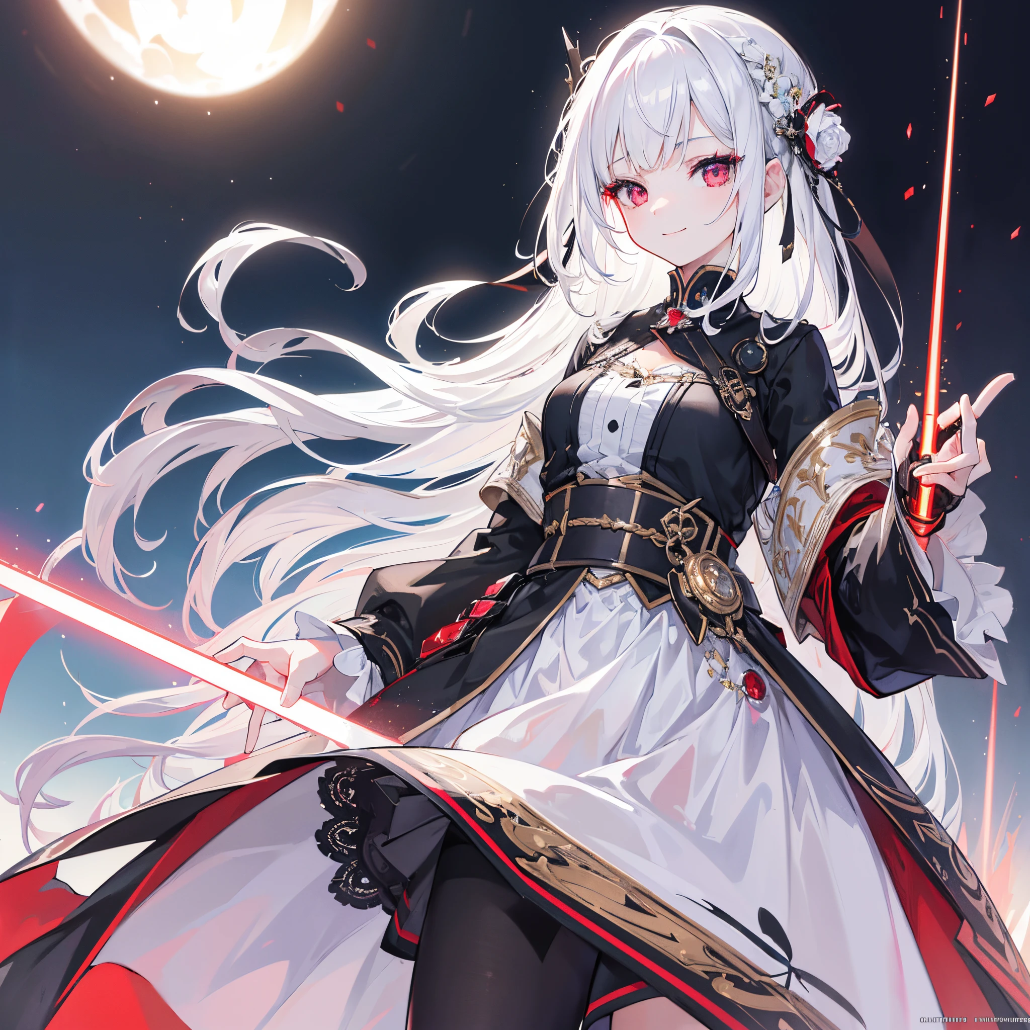 masterpiece, best quality, 1girl, (colorful),(finely detailed beautiful eyes and detailed face),cinematic lighting,best shot, extremely detailed, CG unity 8k wallpaper,white hair, solo, smile, intricate skirt, black skirt, white hair, red eyes, laser sword in hand