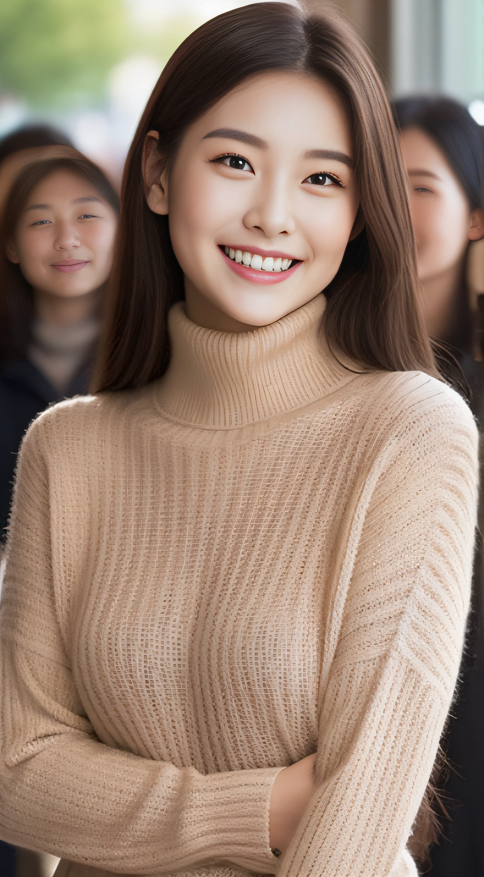The face is a hostess、wool turtleneck sweater、hiquality、A hyper-realistic、healthy、Smiling expression、Slender perfect figure、Japan beauties、beautidful eyes、face perfect、Beautiful skin、In the crowd、The upper part of the body