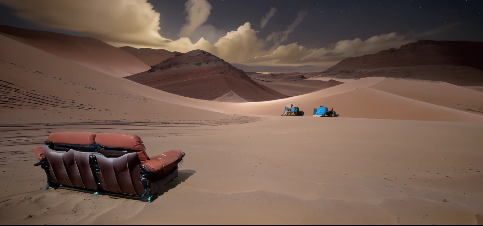 Um cenario noturno com grande parapentes voando sobre as montanhas do deserto. Sem humanos a vista. Just a lonely sofa in the landscape at night.