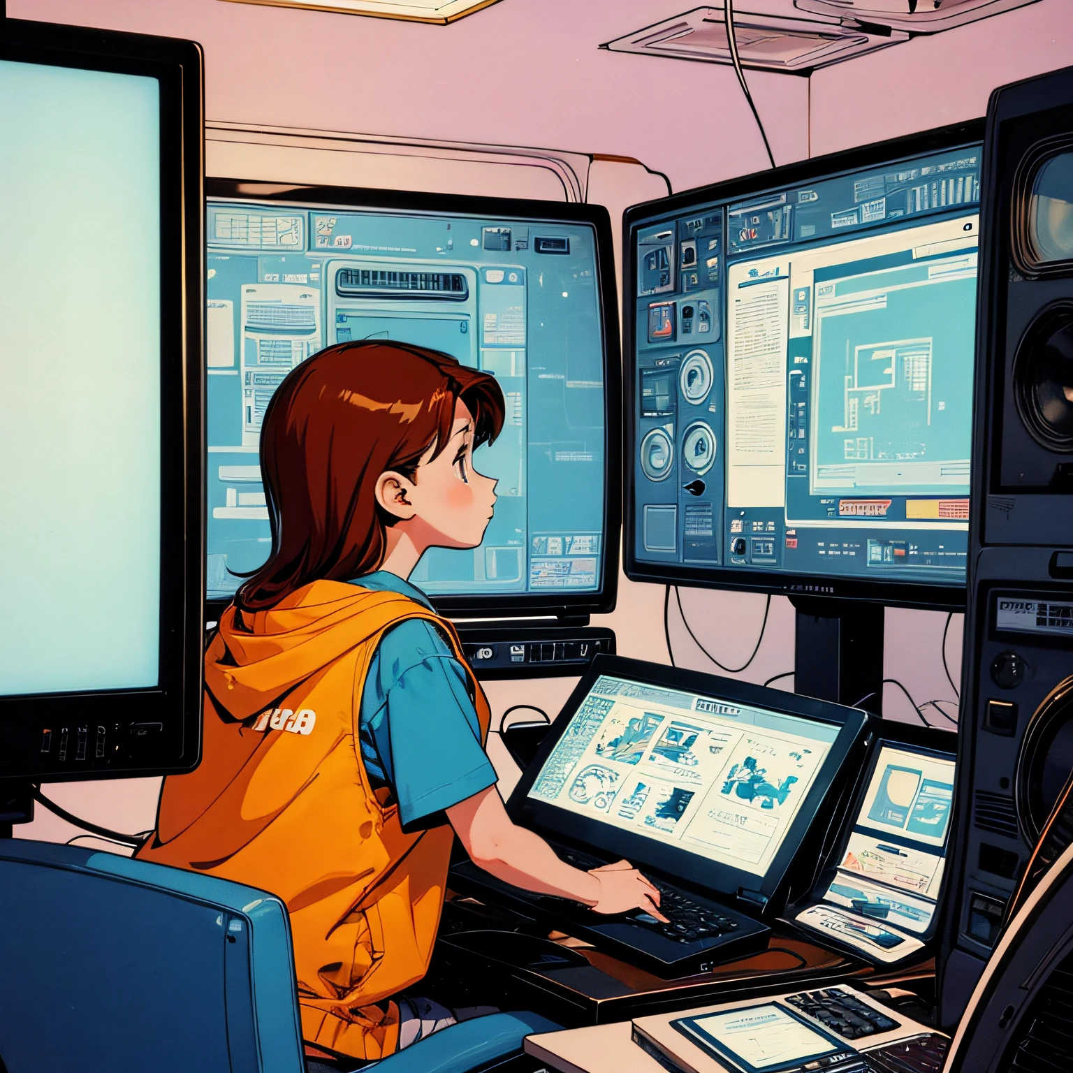 cartoon illustration of a person using a computer in the 90s with a CRT monitor