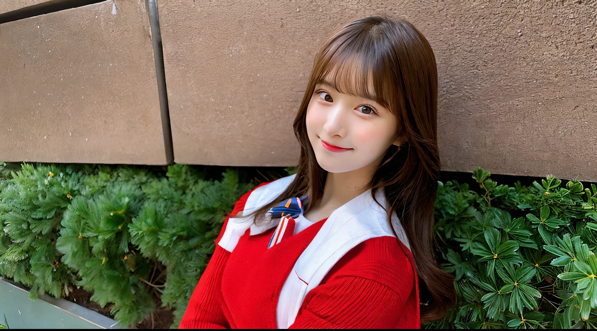 In detail,Full body photo、 One high school girl、High resolution, high quality、Slim body、Perfect dynamic composition, Beautiful fine details, Twin tails、Natural color lip,Kamimei、16-year-old girl、Clear Skin、Short-sleeved red sailor suit、Red mini skirt、Thighs、Shiny Hair、最high quality, figure, Very detailed, In detail, High resolution, 8k、The correct state of the human body、Sculpture model pose，Dark blue walls,Sitting in a chair、Thighs are visible、smile、