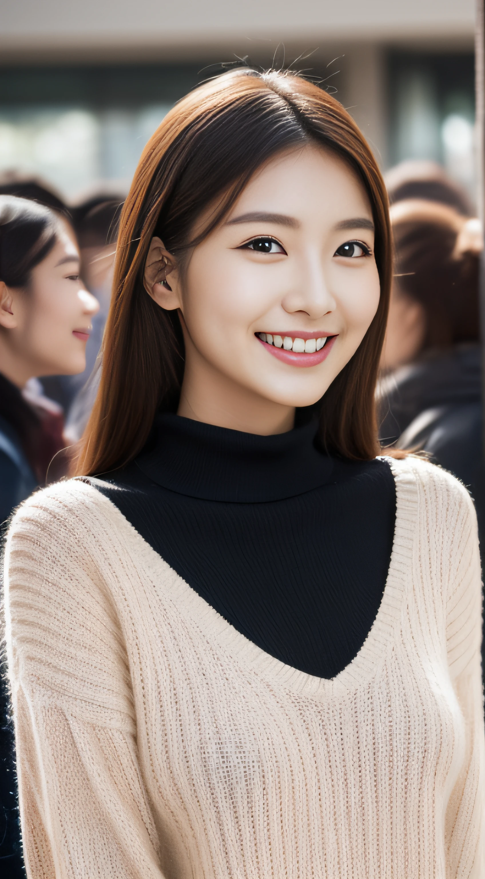 The face is a hostess、wool turtleneck sweater、hiquality、A hyper-realistic、healthy、Smiling expression、Slender perfect figure、Japan beauties、beautidful eyes、face perfect、Beautiful skin、In the crowd、The upper part of the body